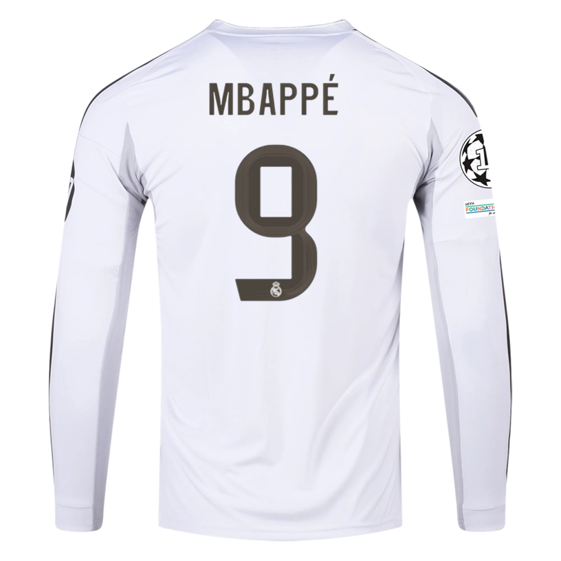 adidas Real Madrid Mbappe Long Sleeve Home Jersey w/ Intercontinental + Champions League Patches 25/26 (White)
