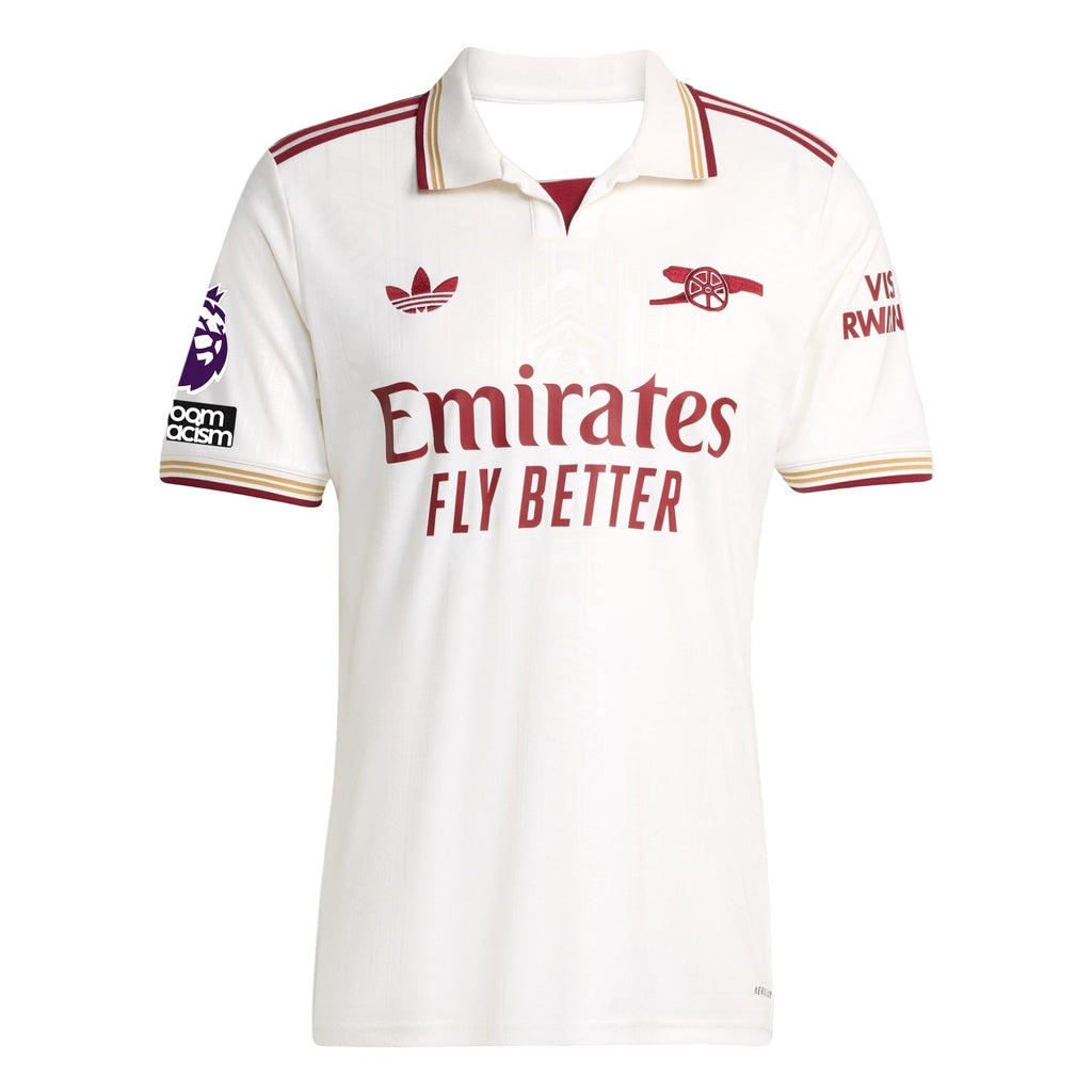adidas Saliba Men's Arsenal FC Third Jersey 25/26 w/ NRFR + EPL Patches (White/Burgundy)