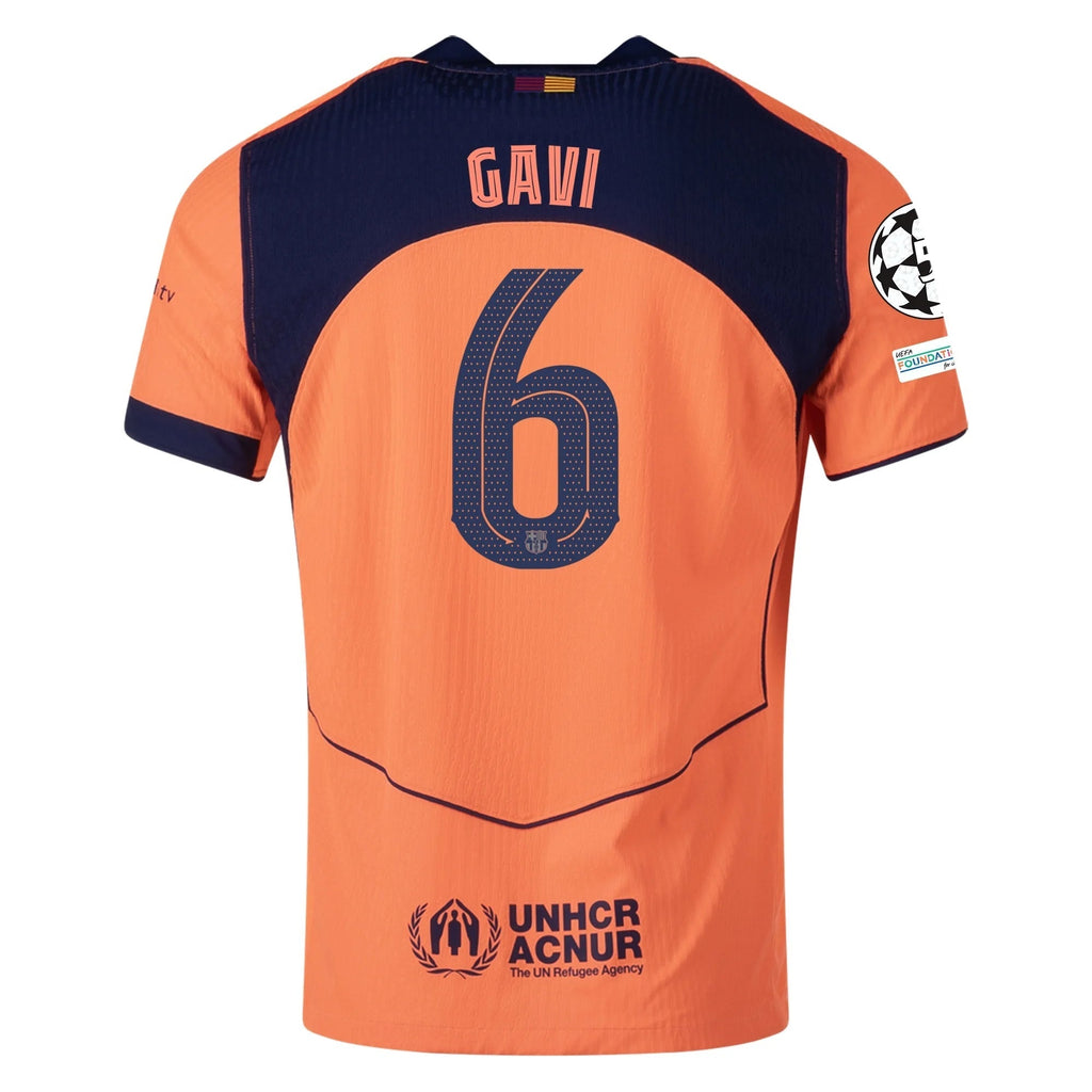 Nike Gavi FC Barcelona Third T90 Authentic Jersey 25/26 w/ Champions League Patches (Mango/Navy)