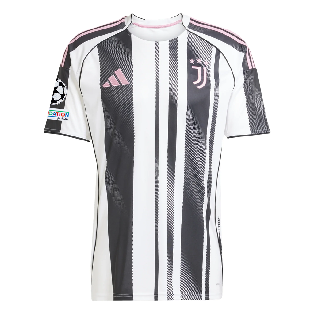 adidas Juventus Rugani Home Jersey w/ Champions League Patches 25/26 (White/Black/Pink)