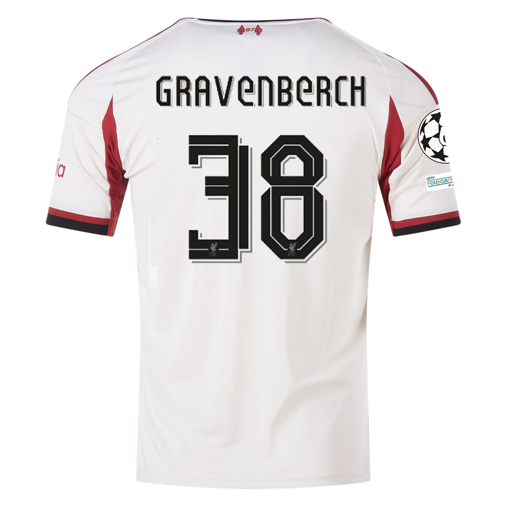 adidas Men's Liverpool Ryan Gravenberch Away Jersey w/ Champions League Patches 25/26 (Wonder White)
