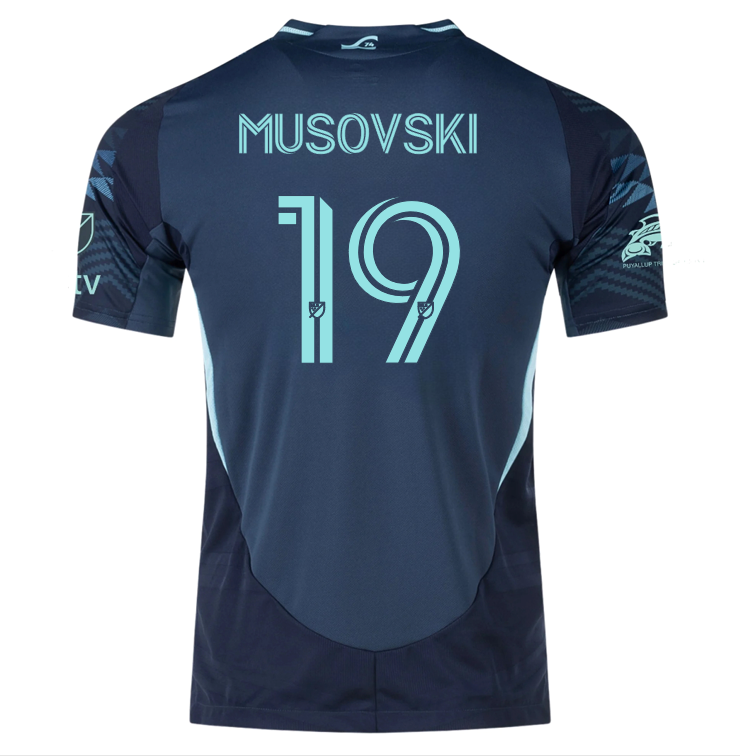 adidas Danny Musovski Seattle Sounders Authentic Away Jersey 25/26 w/ MLS Patches & Sponsor (Aura Ink)