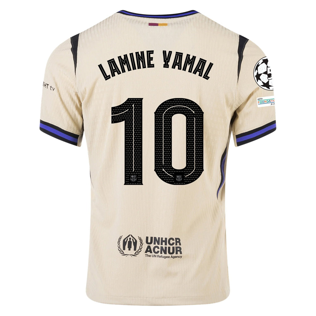 Nike Lamine Yamal Men's FC Barcelona Authentic Away Jersey w/ Champions League Patches (Team Gold/Persian Violet/Black)