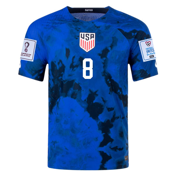 Nike United States Weston McKennie Authentic Match Away Jersey 22/23 w/ World Cup 2022 Patches (Bright Blue/White)