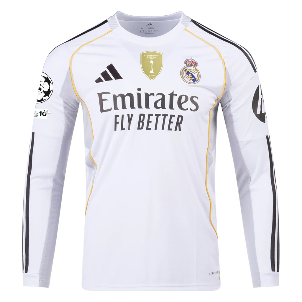 adidas Real Madrid Fran Garcia Long Sleeve Home Jersey w/ Intercontinental + Champions League Patches 25/26 (White)