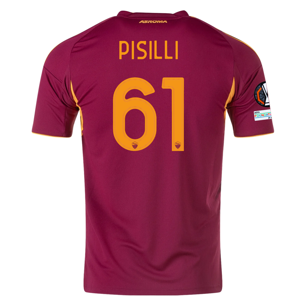 adidas Men's Roma Niccolò Pisilli Home Jersey w/ Europa League Patches 25/26 (Burgundy)