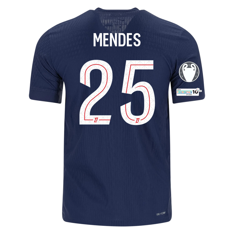 Nike Men's Mendes Paris Saint-Germain Authentic Home Jersey 25/26 w/ Champions League Patches (Navy)