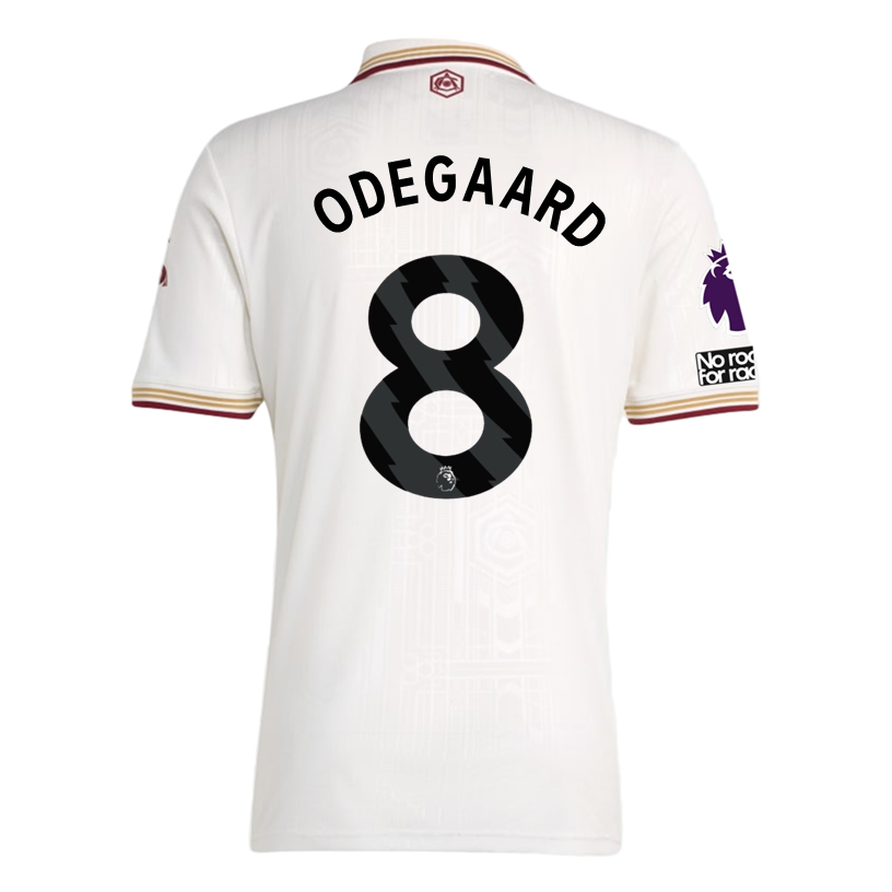 adidas Odegaard Men's Arsenal FC Third Jersey 25/26 w/ NRFR + EPL Patches (White/Burgundy)