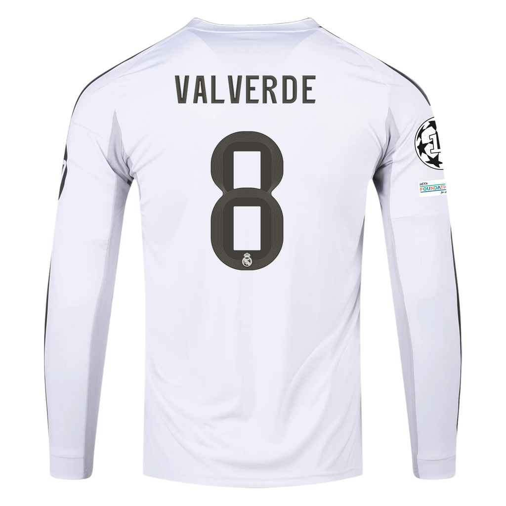 adidas Real Madrid Federico Valverde Long Sleeve Home Jersey w/ Champions League Patches 25/26 (White)