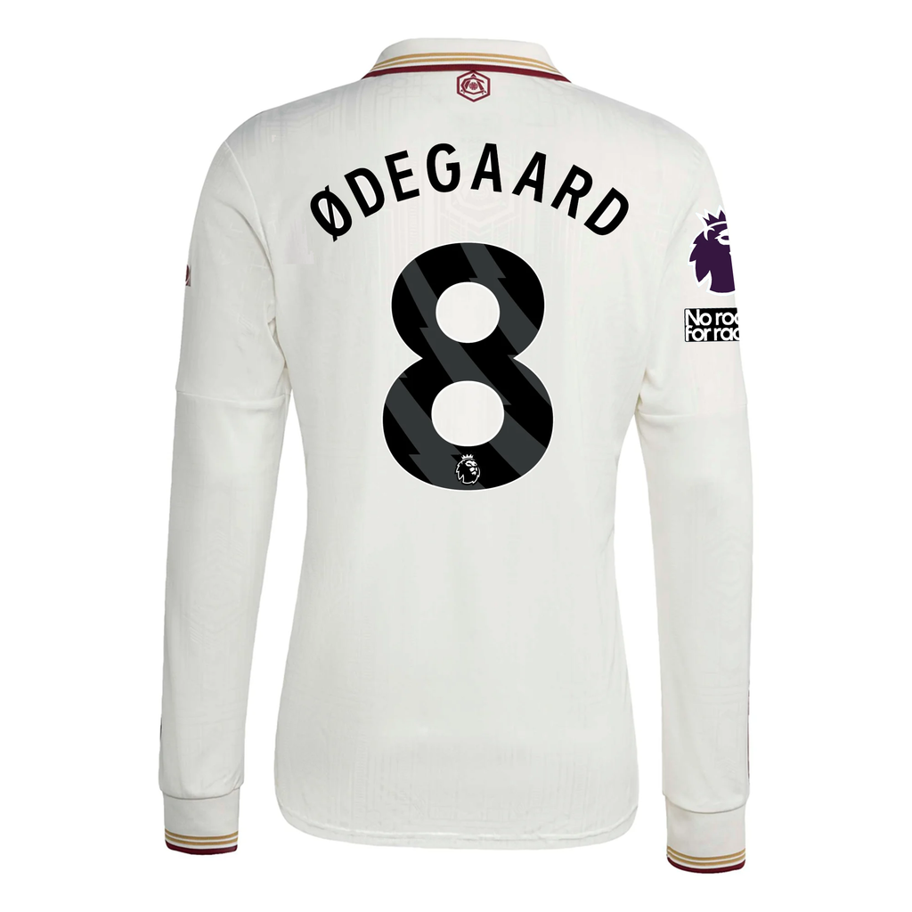 adidas Arsenal Martin Ødegaard Third Long Sleeve Jersey w/ EPL + No Room For Racism 25/26 (White/Burgundy)