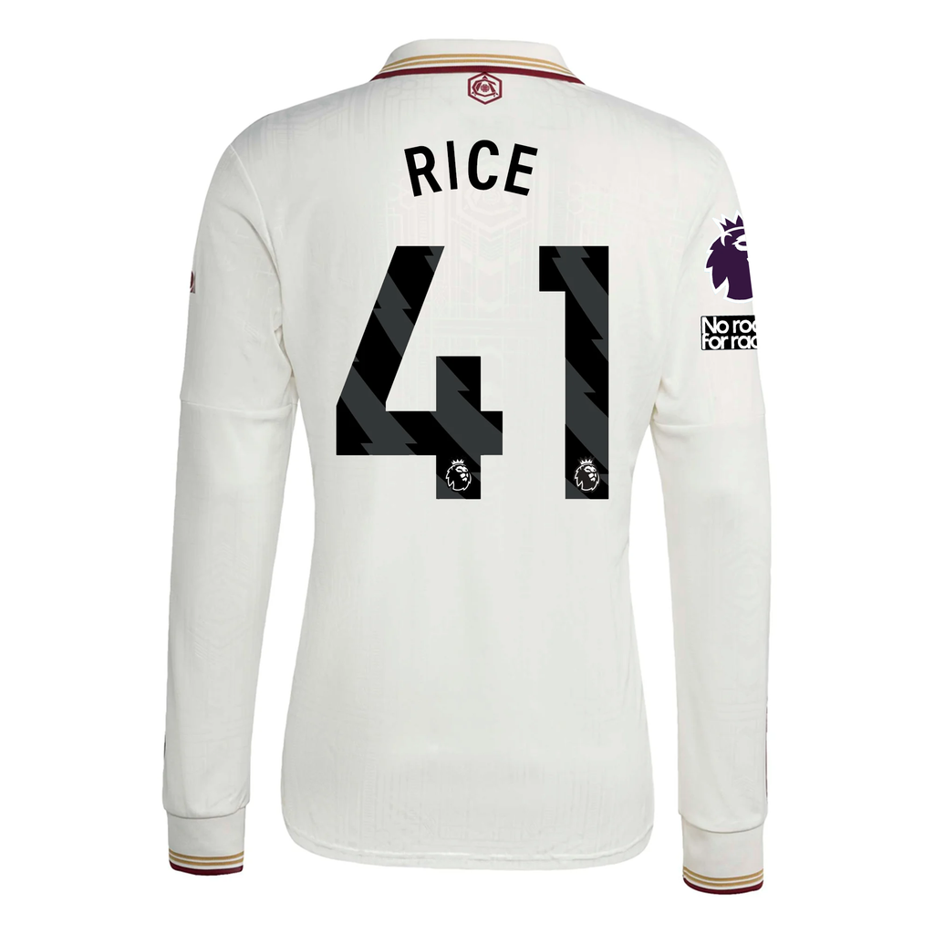 adidas Arsenal Declan Rice Third Long Sleeve Jersey w/ EPL + No Room For Racism 25/26 (White/Burgundy)