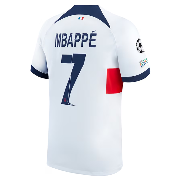 Nike Paris Saint-Germain Kylian Mbappé Away Jersey w/ Champions League Patches 23/24 (White/Midnight Navy)