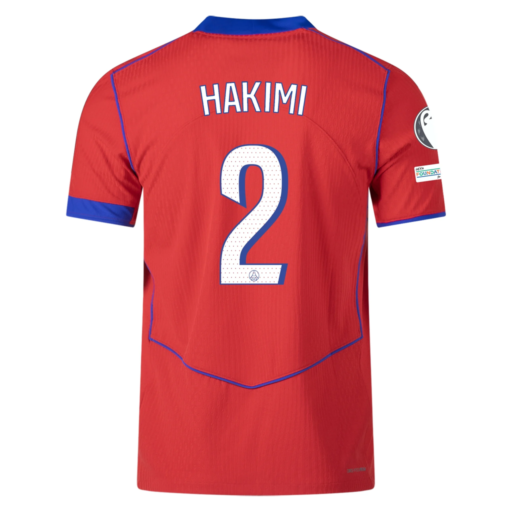 Nike Men's Paris Saint-Germain Authentic Archaf Hakimi Third Jersey w/ Champions League Patches 25/26 (Sport Red/Hyper Royal)