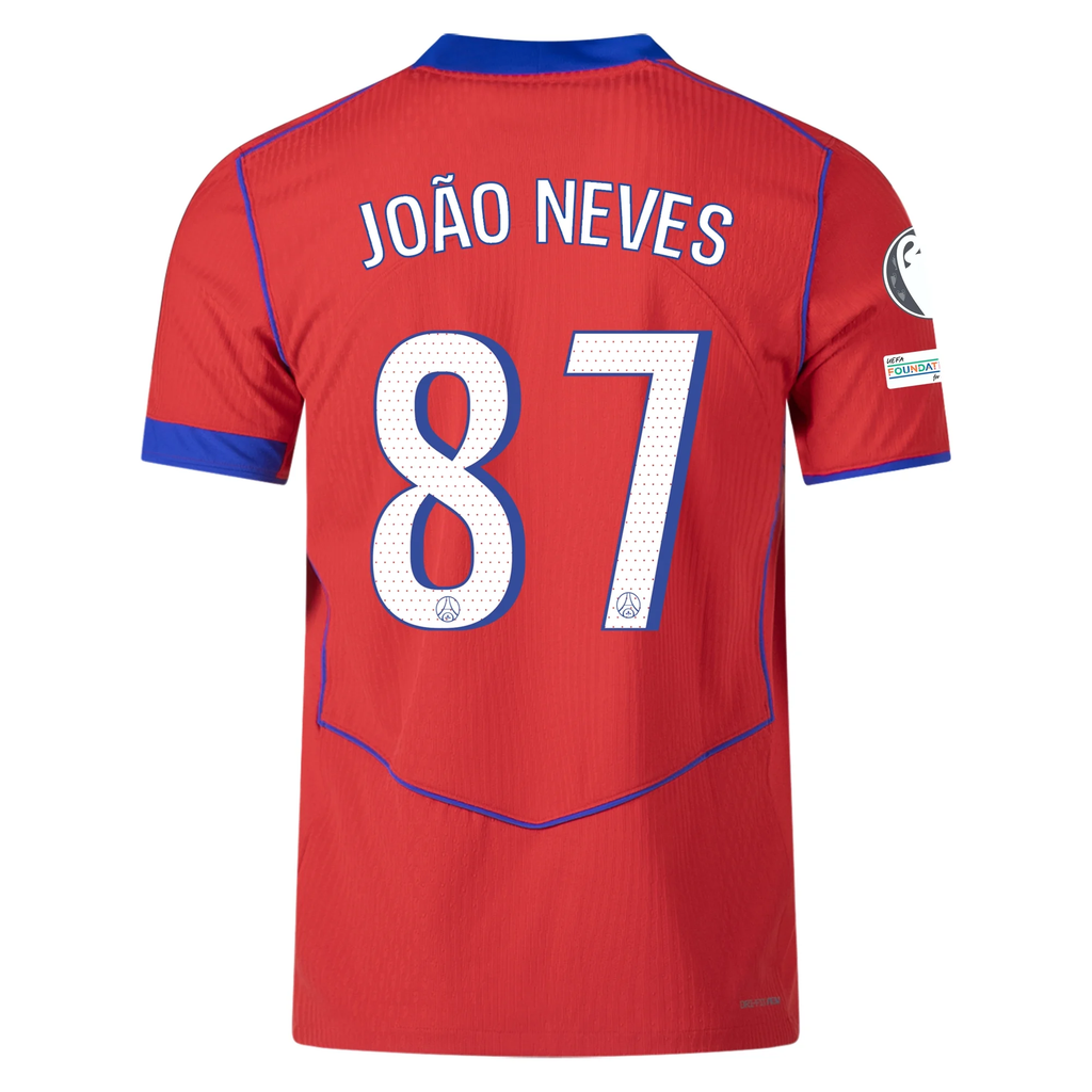 Nike Men's Paris Saint-Germain Authentic João Neves Third Jersey w/ Champions League Patches 25/26 (Sport Red/Hyper Royal)